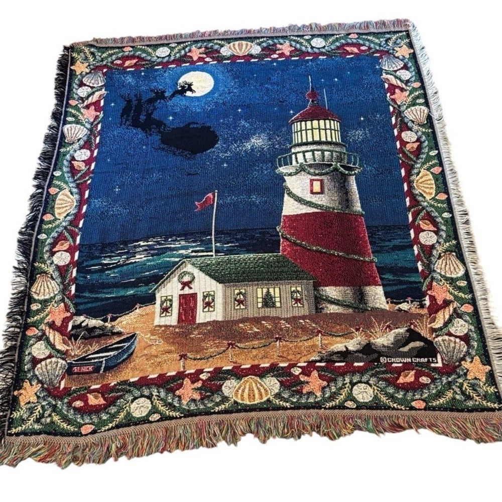 Crown Crafts Woven Throw Blanket Santa Lighthouse Beach Christmas Shells Night